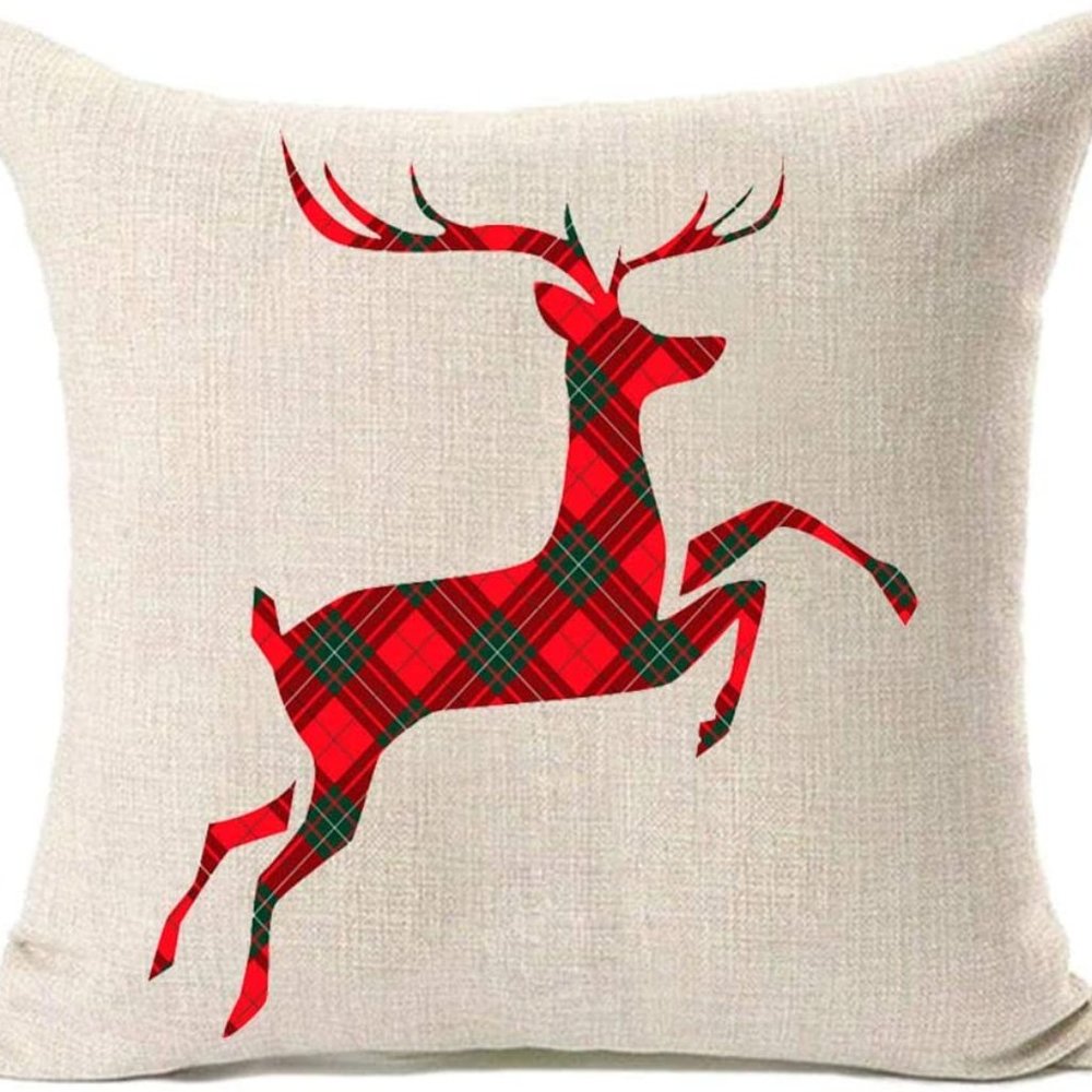 New 1 Deer Reindeer Christmas Cushion Pillow Cover Plaid Tartan